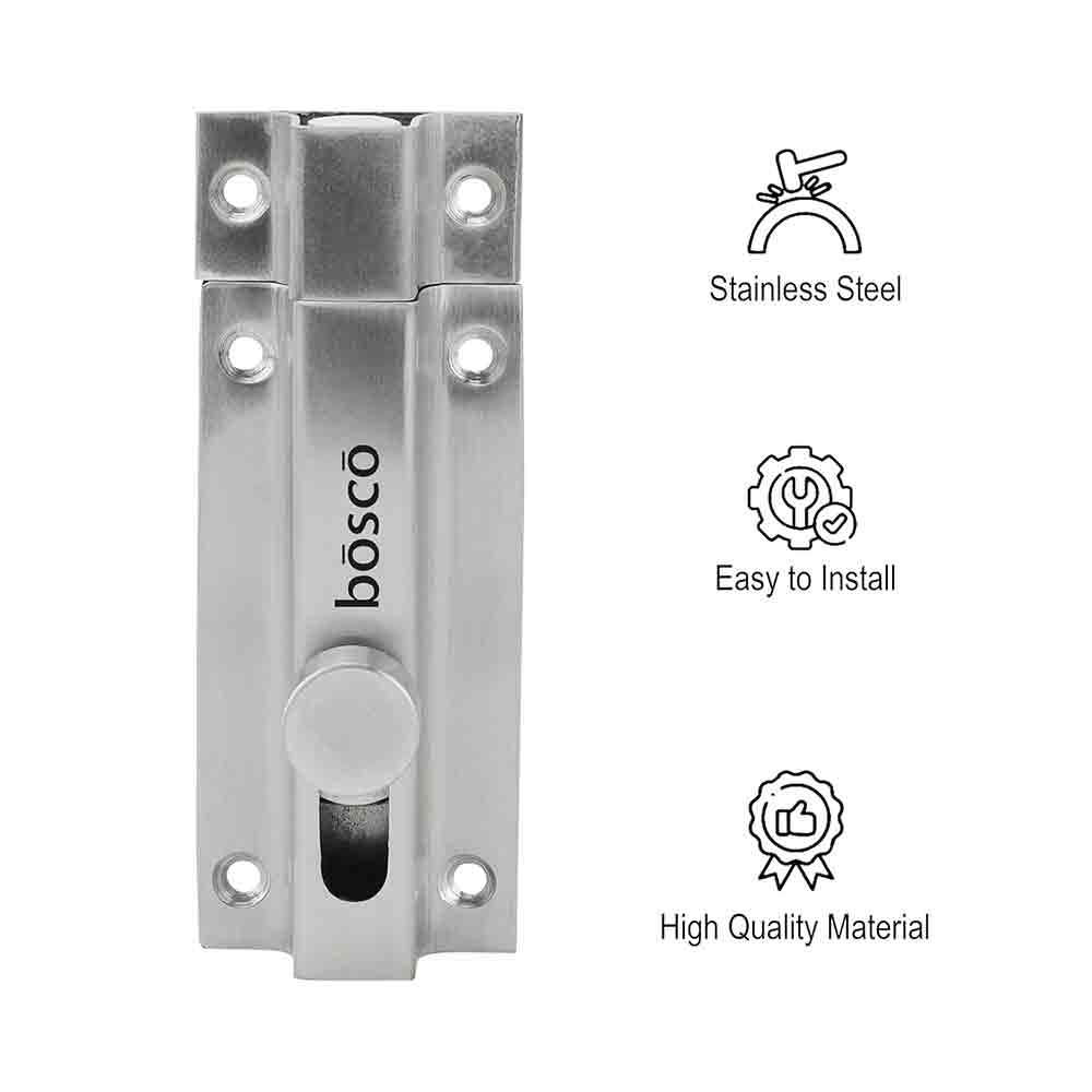 Heavy-Duty Stainless Steel Door Security Latch Lock – 4 Inch Tower Bolt with Smooth Silver Finish for Bathroom, Kitchen, Bedroom, Balcony & Office – Rustproof, Durable, Easy to Install – 1 Pc