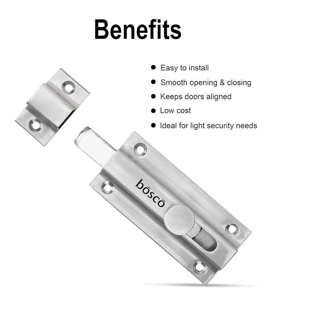 Heavy-Duty Stainless Steel Door Security Latch Lock – 4 Inch Tower Bolt with Smooth Silver Finish for Bathroom, Kitchen, Bedroom, Balcony & Office – Rustproof, Durable, Easy to Install – 1 Pc