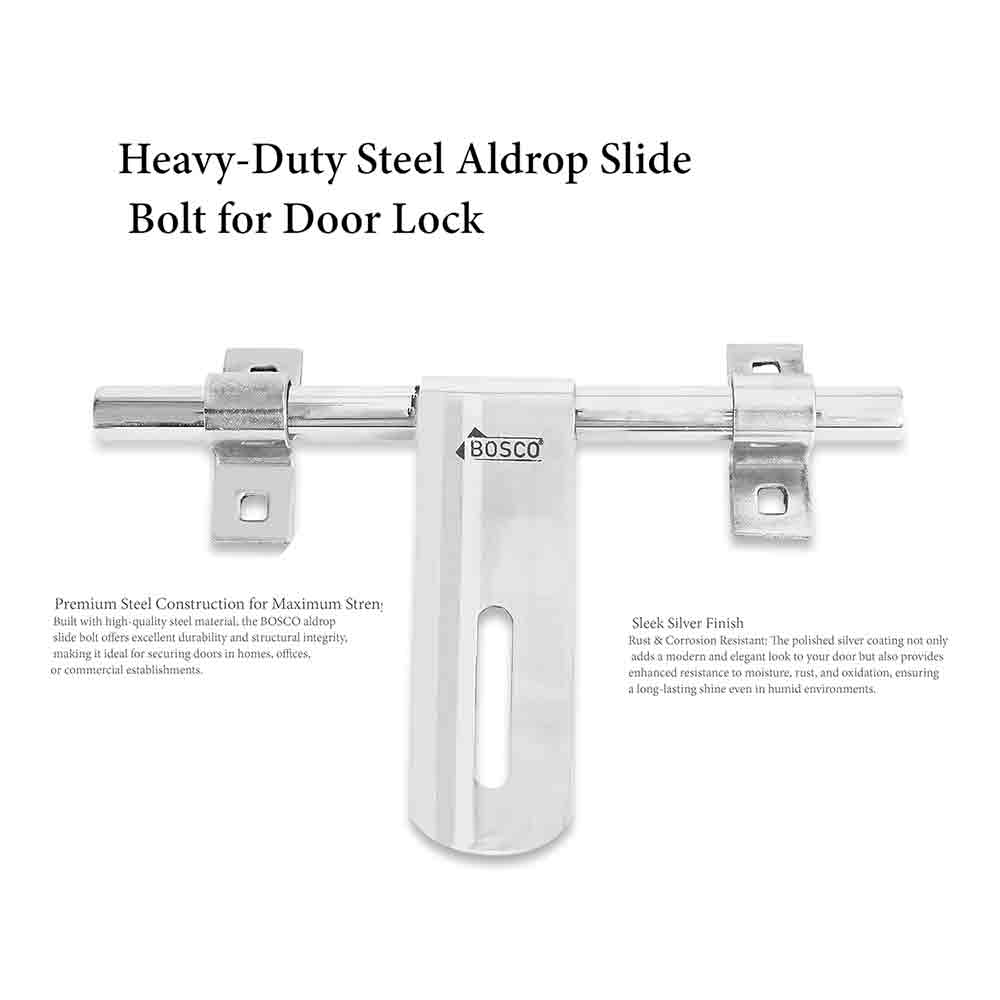 Heavy-Duty Steel Aldrop 2 Line Bolt for Door Lock | Silver Finish | Durable Door Latch for Main Door, Gate, Wooden or Metal Doors | Corrosion-Resistant (14mm Dia, 10 inches Length)