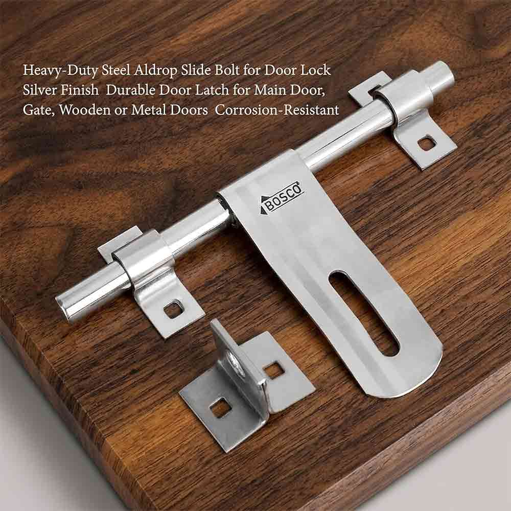 Heavy-Duty Steel Aldrop 2 Line Bolt for Door Lock | Silver Finish | Durable Door Latch for Main Door, Gate, Wooden or Metal Doors | Corrosion-Resistant (14mm Dia, 10 inches Length)