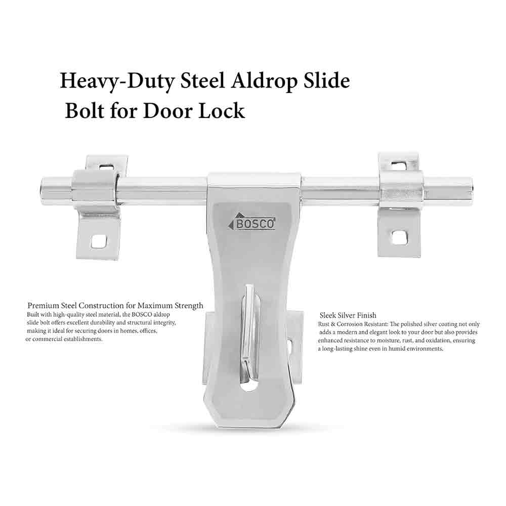 Heavy-Duty Steel Aldrop Jazz Steel Bolt for Door Lock | Silver Finish | Durable Door Latch for Main Door, Gate, Wooden or Metal Doors | Corrosion-Resistant (14mm Dia, 10 inches Length)
