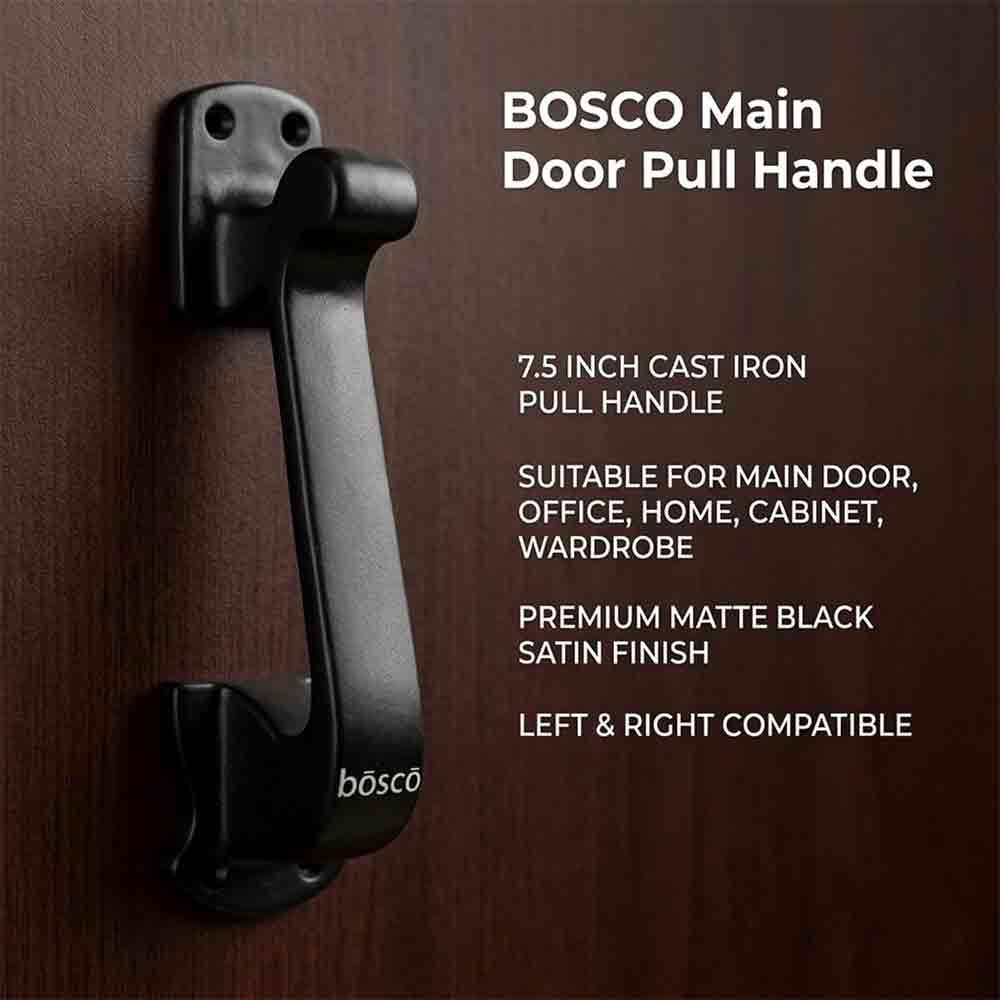 Main Door Pull Handle – 7.5 Inch Black Iron Handle for Main Door, Office, Home, Cabinet, Wardrobe – Black Satin Finish – Left & Right Compatible – Heavy Duty Cast Iron Handle (Set of 1)