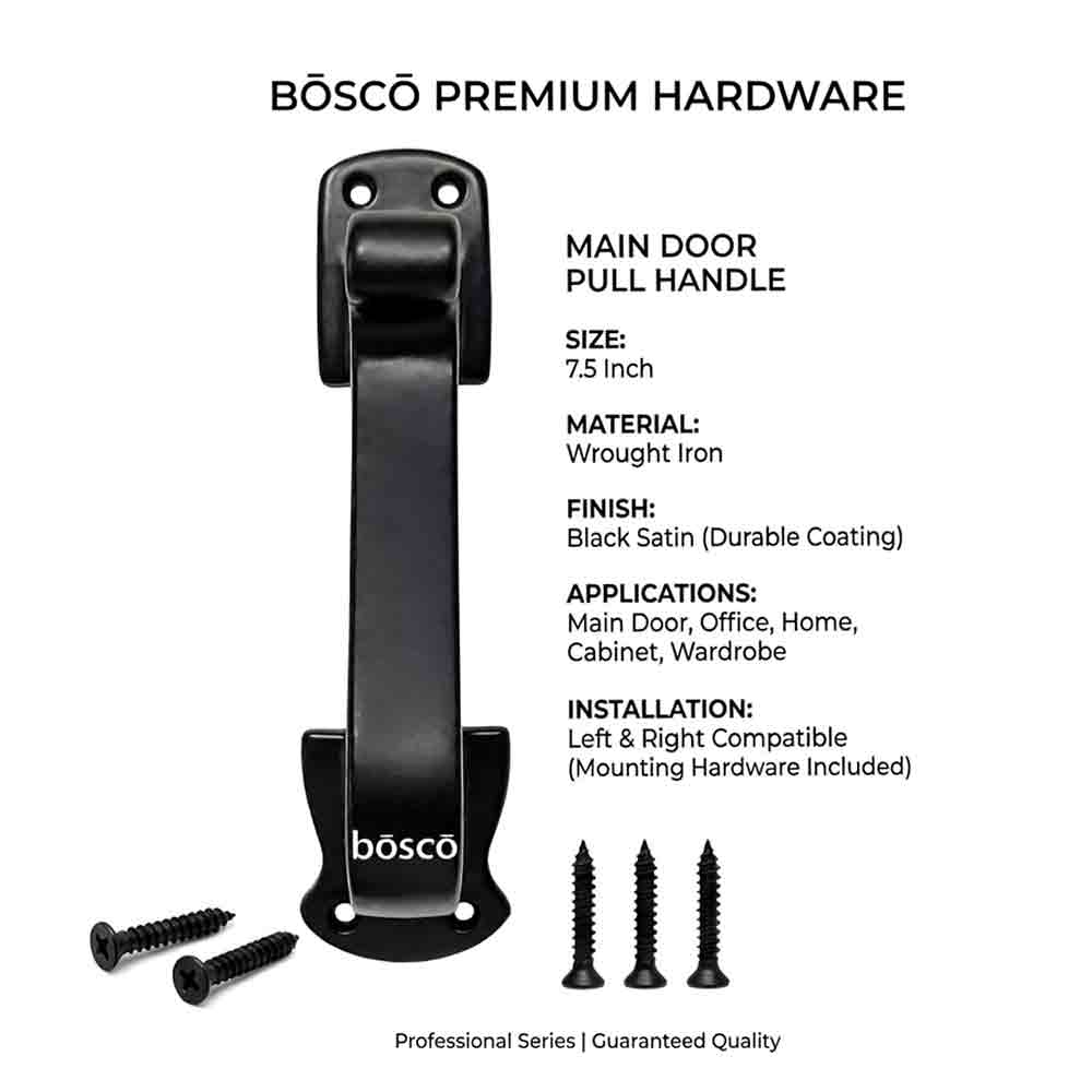 Main Door Pull Handle – 7.5 Inch Black Iron Handle for Main Door, Office, Home, Cabinet, Wardrobe – Black Satin Finish – Left & Right Compatible – Heavy Duty Cast Iron Handle (Set of 1)