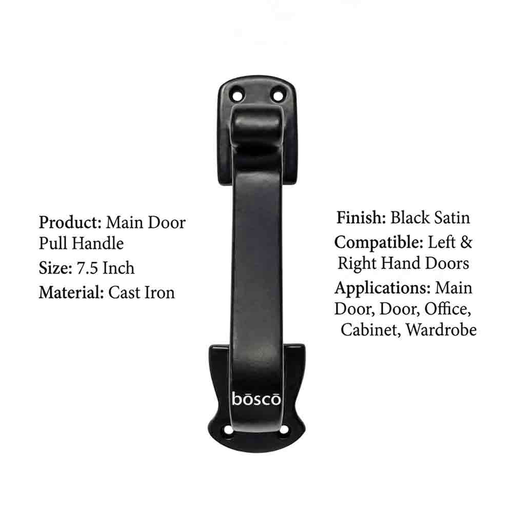 Main Door Pull Handle – 7.5 Inch Black Iron Handle for Main Door, Office, Home, Cabinet, Wardrobe – Black Satin Finish – Left & Right Compatible – Heavy Duty Cast Iron Handle (Set of 1)