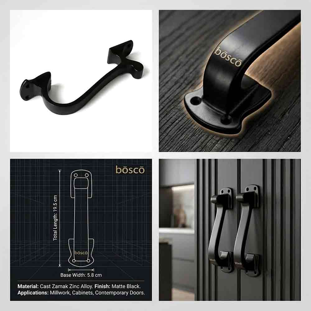 Main Door Pull Handle – 7.5 Inch Black Iron Handle for Main Door, Office, Home, Cabinet, Wardrobe – Black Satin Finish – Left & Right Compatible – Heavy Duty Cast Iron Handle (Set of 1)