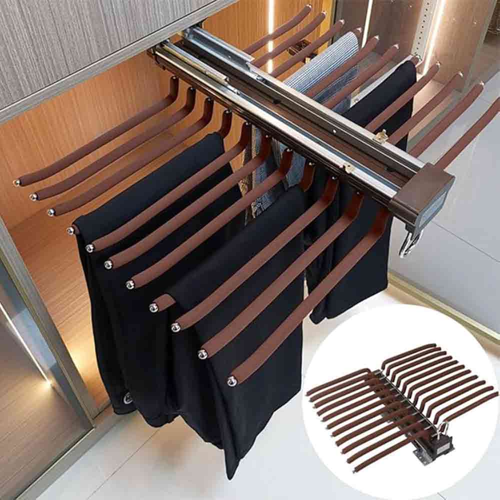 Pull Out Pants Rack -Steel Pull Out Pants Hangers - Clothes Organiser Storage Bar Pants Slide Out Rack Trousers Rack for Wardrobe Organization. Colour: Mocha (Double Mounted Trouser Rack)