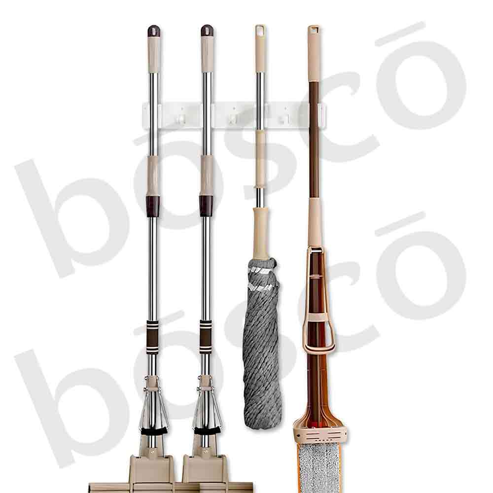 Wall-Mounted Broom Holder Organizer with 5 Anti-Slip Grip Slots & 6 Foldable Hooks | Heavy Duty Polypropylene Mop and Stick Storage Rack for Home, Bathroom, Kitchen, Garage – White