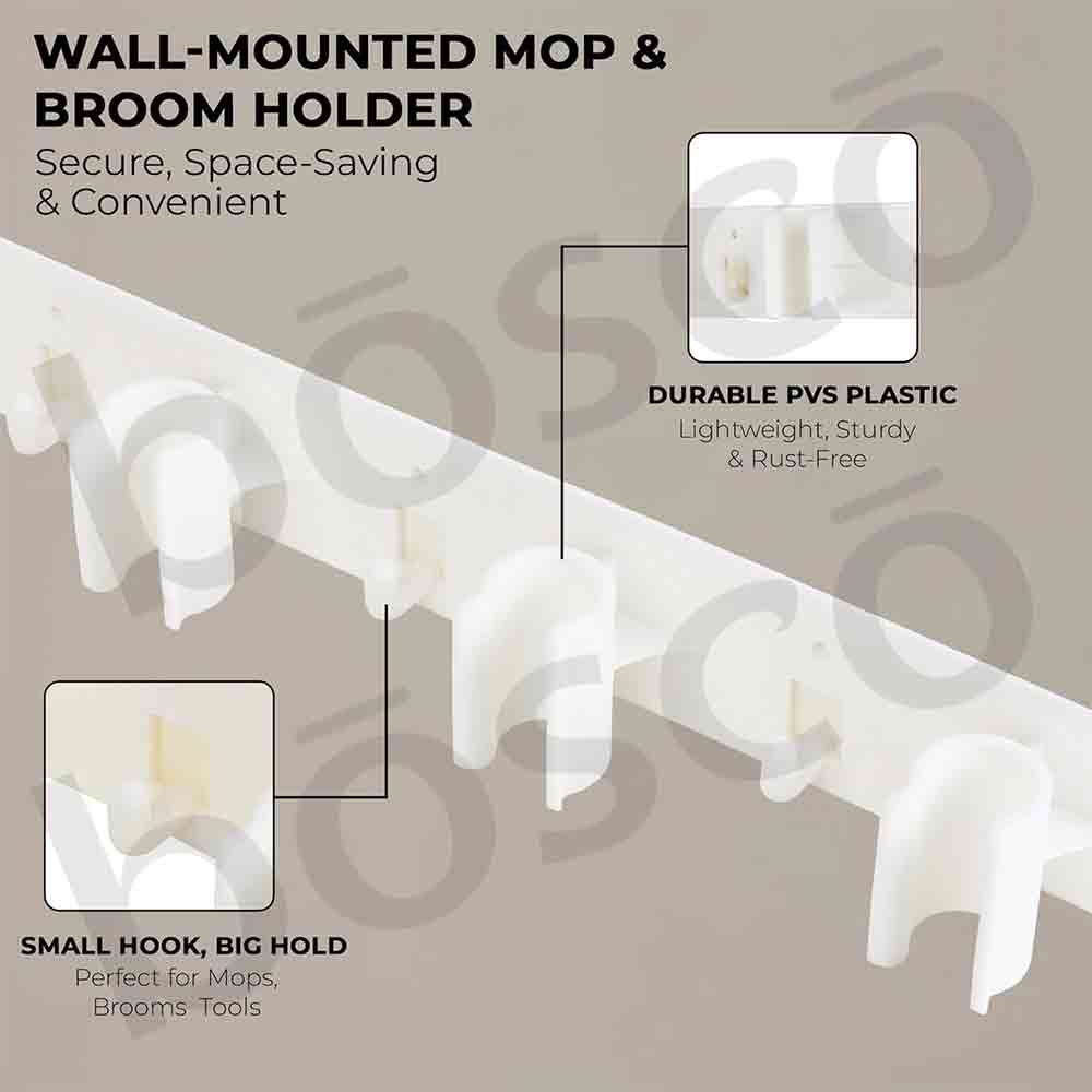 Wall-Mounted Broom Holder Organizer with 5 Anti-Slip Grip Slots & 6 Foldable Hooks | Heavy Duty Polypropylene Mop and Stick Storage Rack for Home, Bathroom, Kitchen, Garage – White