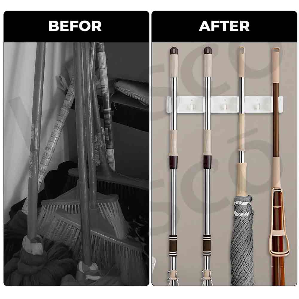 Wall-Mounted Broom Holder Organizer with 5 Anti-Slip Grip Slots & 6 Foldable Hooks | Heavy Duty Polypropylene Mop and Stick Storage Rack for Home, Bathroom, Kitchen, Garage – White