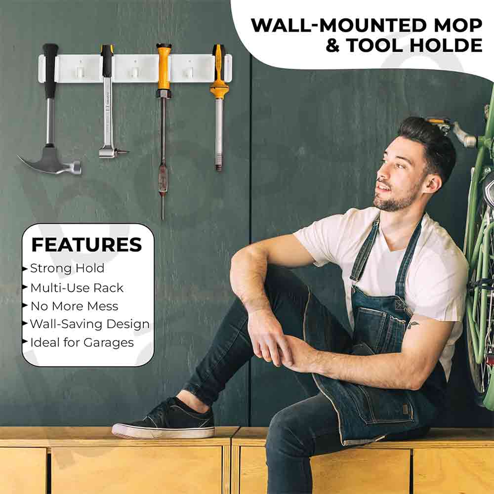 Wall-Mounted Broom Holder Organizer with 5 Anti-Slip Grip Slots & 6 Foldable Hooks | Heavy Duty Polypropylene Mop and Stick Storage Rack for Home, Bathroom, Kitchen, Garage – White