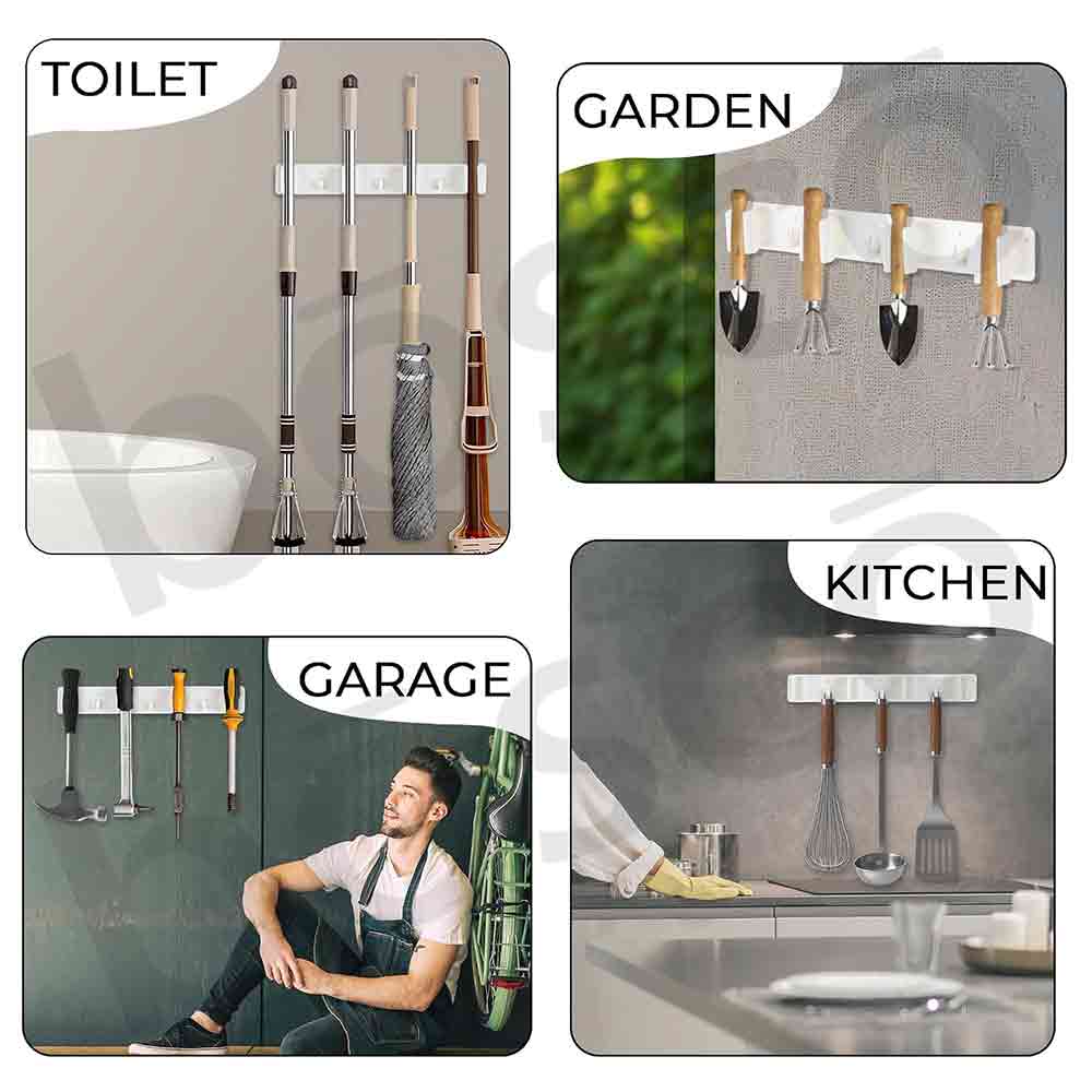 Wall-Mounted Broom Holder Organizer with 5 Anti-Slip Grip Slots & 6 Foldable Hooks | Heavy Duty Polypropylene Mop and Stick Storage Rack for Home, Bathroom, Kitchen, Garage – White