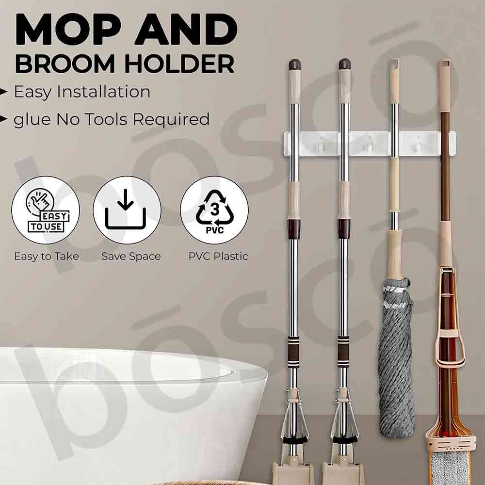 Wall-Mounted Broom Holder Organizer with 5 Anti-Slip Grip Slots & 6 Foldable Hooks | Heavy Duty Polypropylene Mop and Stick Storage Rack for Home, Bathroom, Kitchen, Garage – White