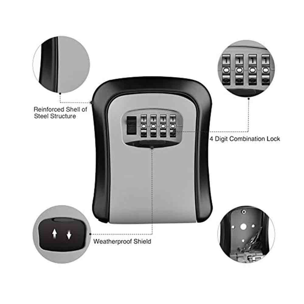 Wall Mounted Key Safe Lock Box – Outdoor Combination Key Storage Box with 4-Digit Code | Weather-Resistant Zinc Alloy Key Locker for Home, Office, Garage, Travel – Black & Grey (1 Unit)