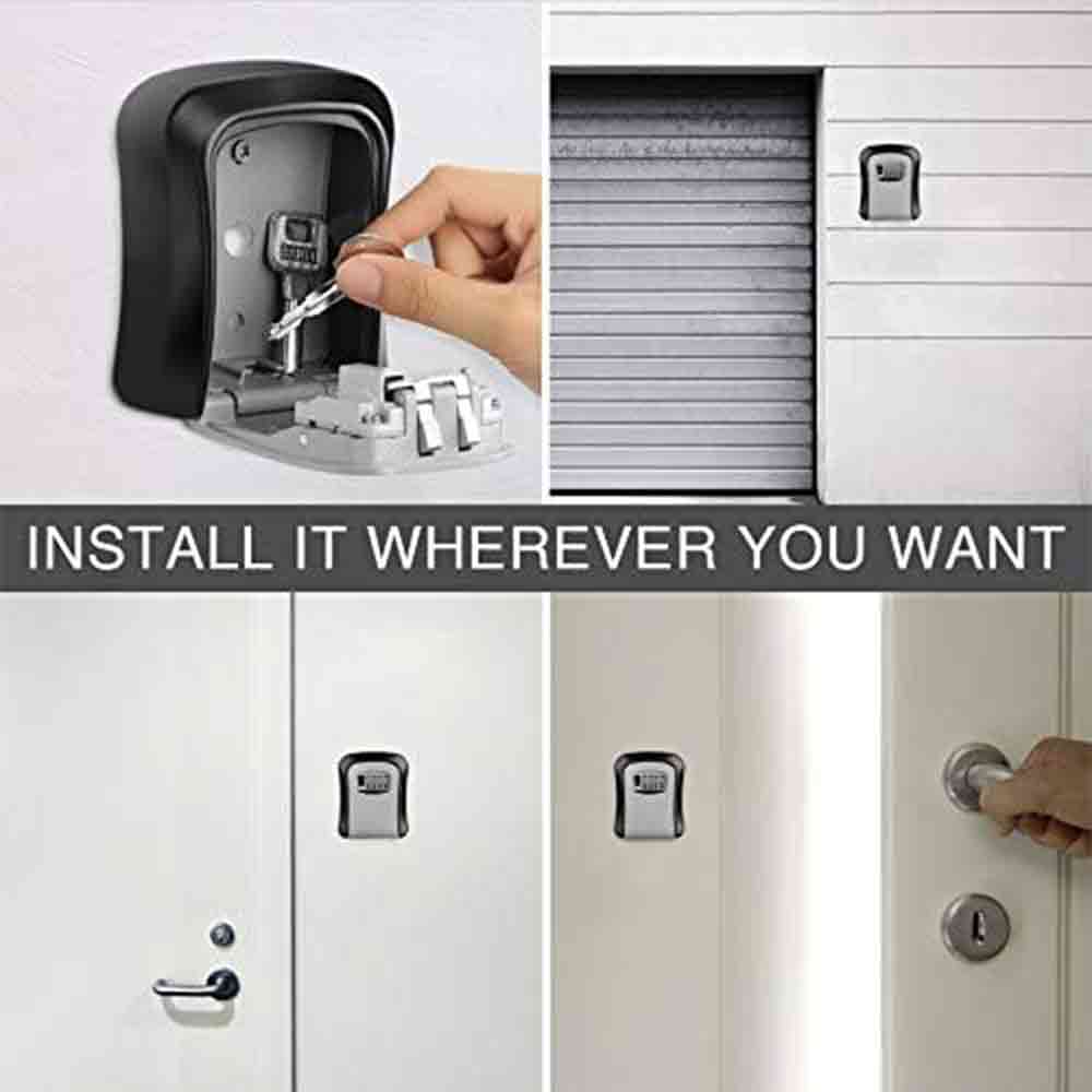 Wall Mounted Key Safe Lock Box – Outdoor Combination Key Storage Box with 4-Digit Code | Weather-Resistant Zinc Alloy Key Locker for Home, Office, Garage, Travel – Black & Grey (1 Unit)