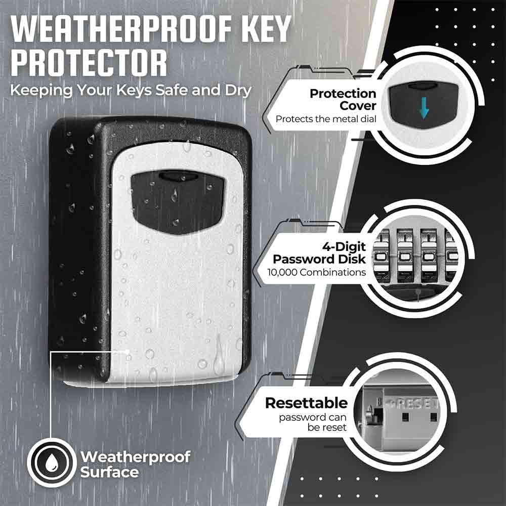 Wall Mounted Key Safe Lock Box – Outdoor Combination Key Storage Box with 4-Digit Code | Weather-Resistant Zinc Alloy Key Locker for Home, Office, Garage, Travel – Black & Grey (1 Unit)