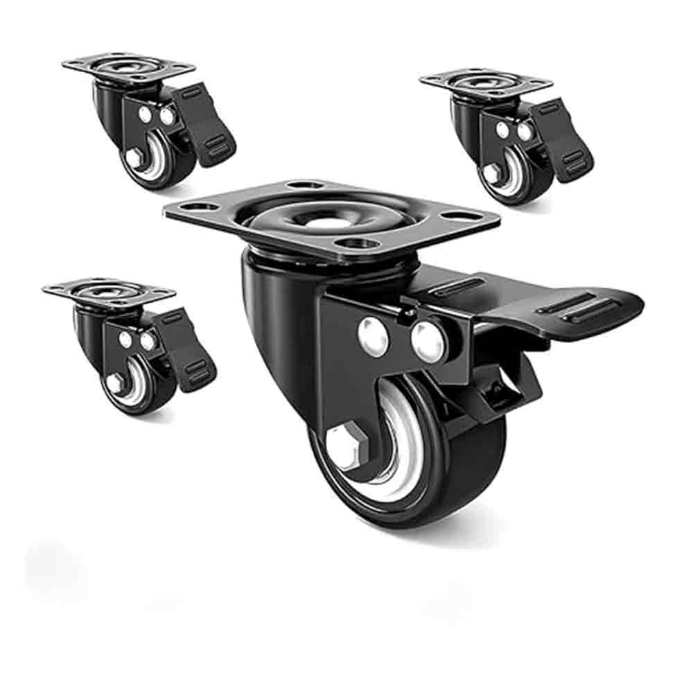 Caster Wheels, Heavy Duty Casters with Brake, No Noise Locking Casters with Polyurethane (PU) Wheels, Swivel Plate Castors (Pack of 4) Color: Black