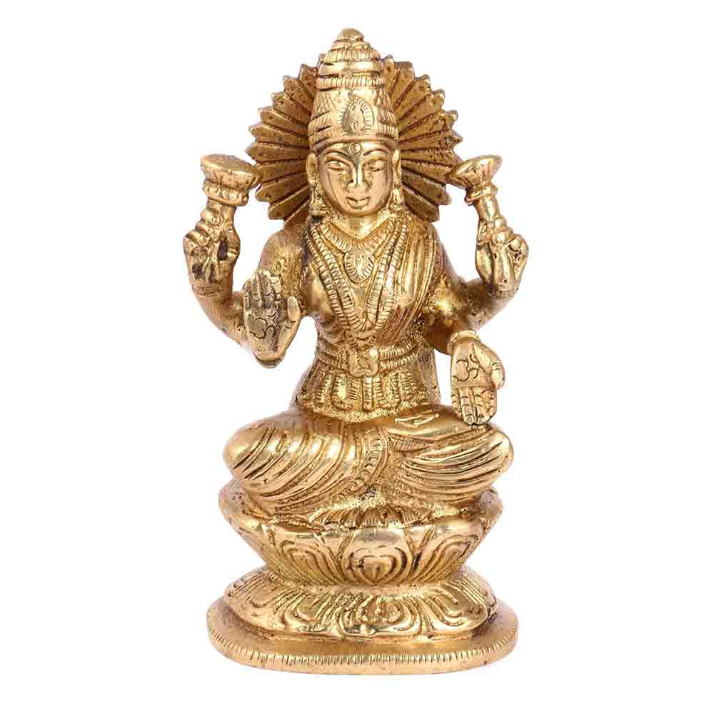 Brass Maa Lakshmi Idol- Hindu Goddess of Wealth, Prosperity, & Wisdom for Home Office Maha Laxmi Murti Dhan Devi of Prosperity Wealth Fortune Gold Color Height 5 Inch