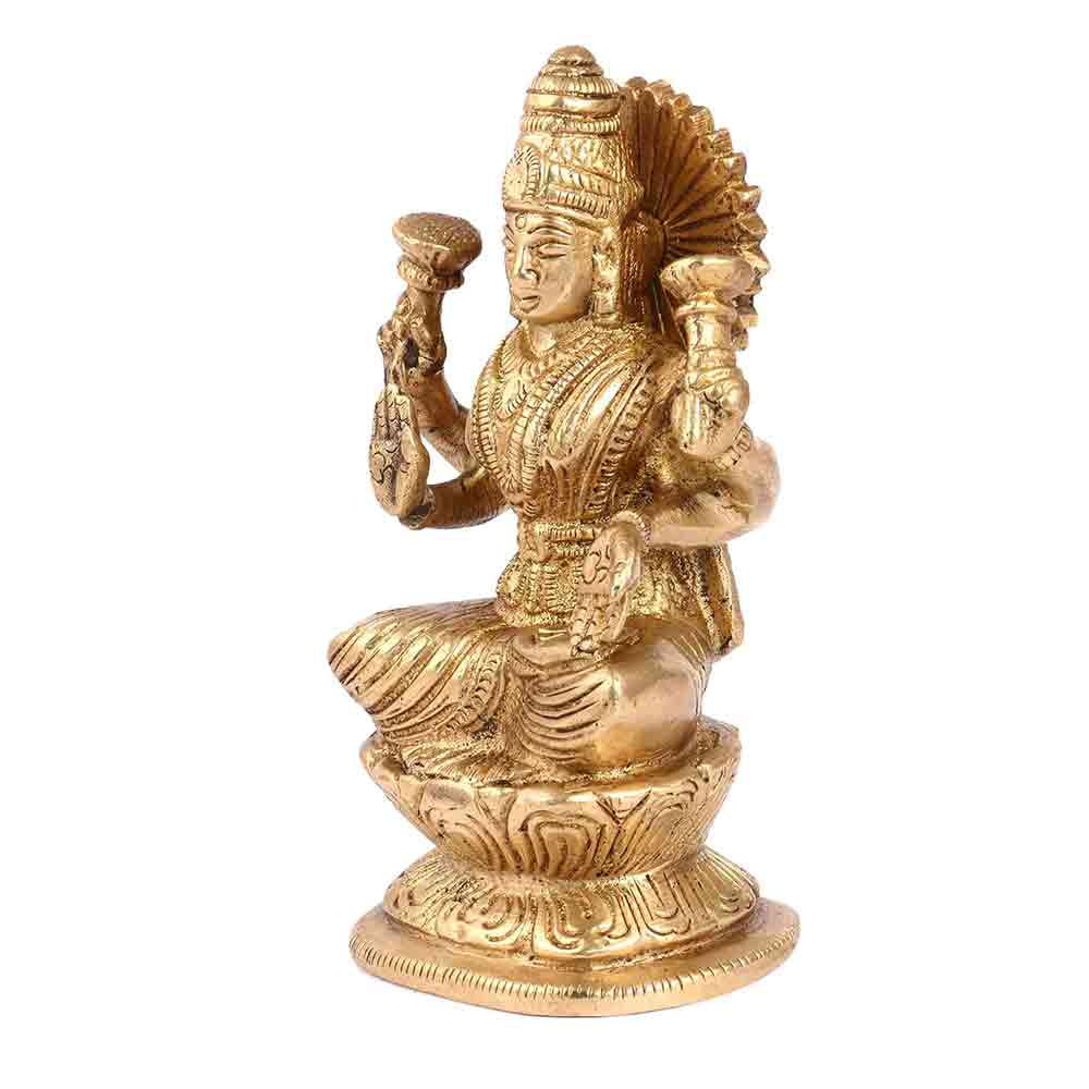 Brass Maa Lakshmi Idol- Hindu Goddess of Wealth, Prosperity, & Wisdom for Home Office Maha Laxmi Murti Dhan Devi of Prosperity Wealth Fortune Gold Color Height 5 Inch