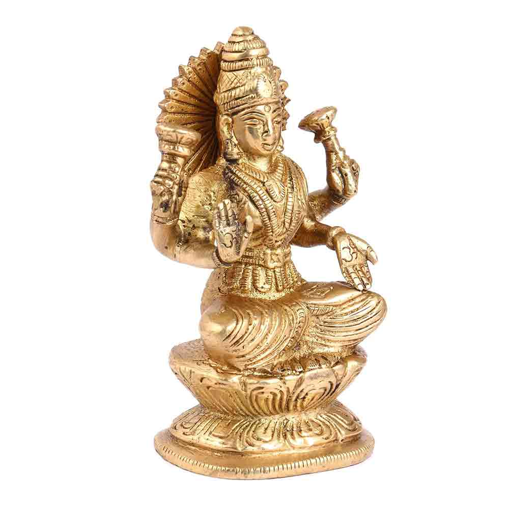 Brass Maa Lakshmi Idol- Hindu Goddess of Wealth, Prosperity, & Wisdom for Home Office Maha Laxmi Murti Dhan Devi of Prosperity Wealth Fortune Gold Color Height 5 Inch