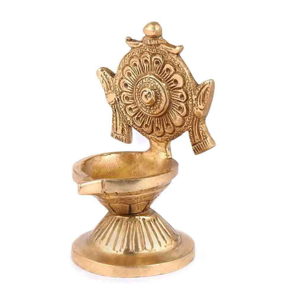 Brass Vishnu Chakra Diya for Puja & Home Décor – Traditional Oil Lamp for Diwali, Festive Decoration, Office & Temple Use | 4.3-Inch Height | Golden Finish | Handcrafted Gift Item
