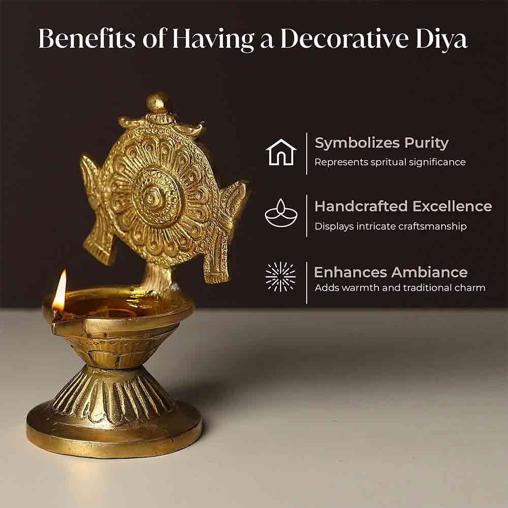 Brass Vishnu Chakra Diya for Puja & Home Décor – Traditional Oil Lamp for Diwali, Festive Decoration, Office & Temple Use | 4.3-Inch Height | Golden Finish | Handcrafted Gift Item