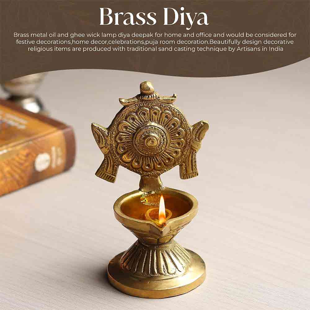Brass Vishnu Chakra Diya for Puja & Home Décor – Traditional Oil Lamp for Diwali, Festive Decoration, Office & Temple Use | 4.3-Inch Height | Golden Finish | Handcrafted Gift Item