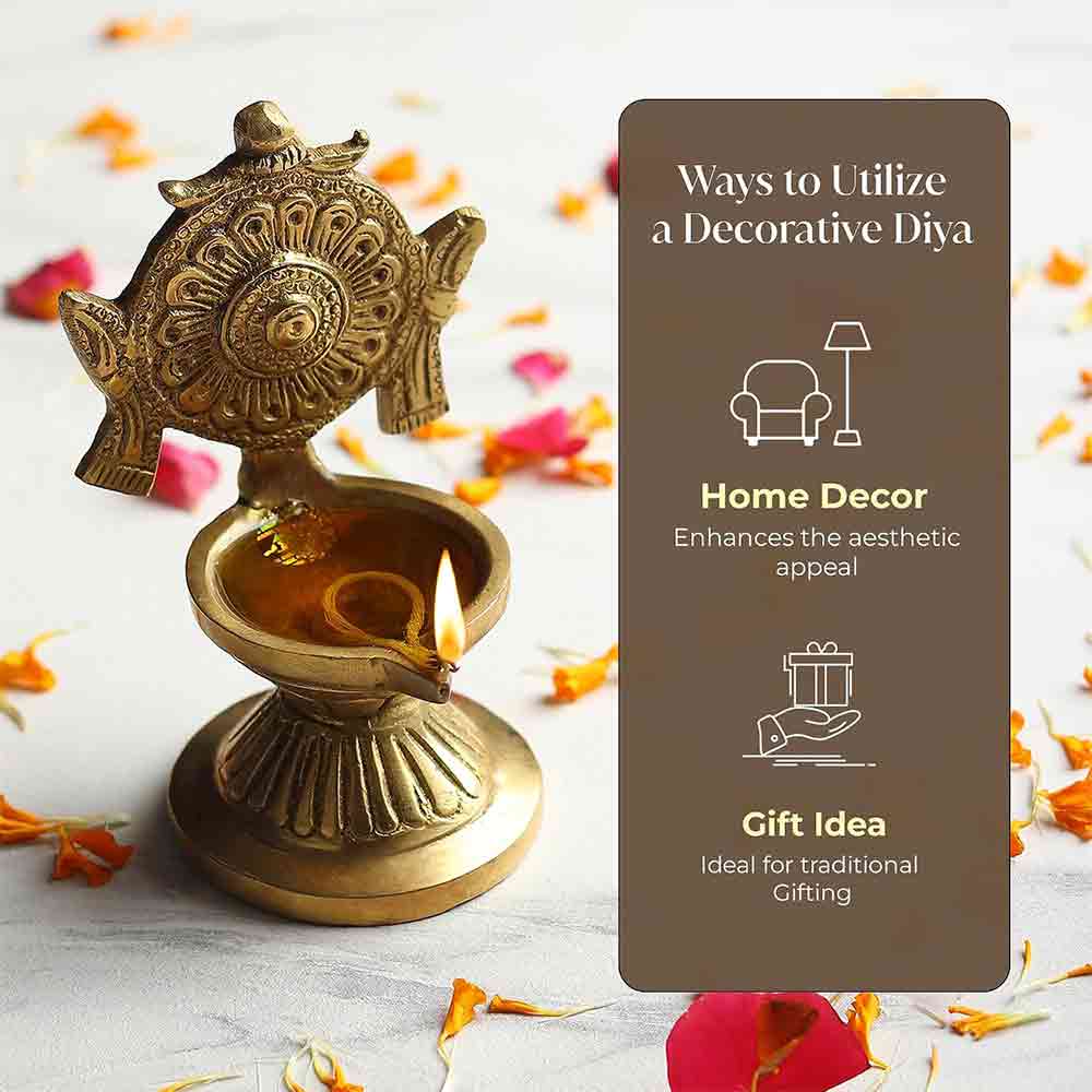 Brass Vishnu Chakra Diya for Puja & Home Décor – Traditional Oil Lamp for Diwali, Festive Decoration, Office & Temple Use | 4.3-Inch Height | Golden Finish | Handcrafted Gift Item