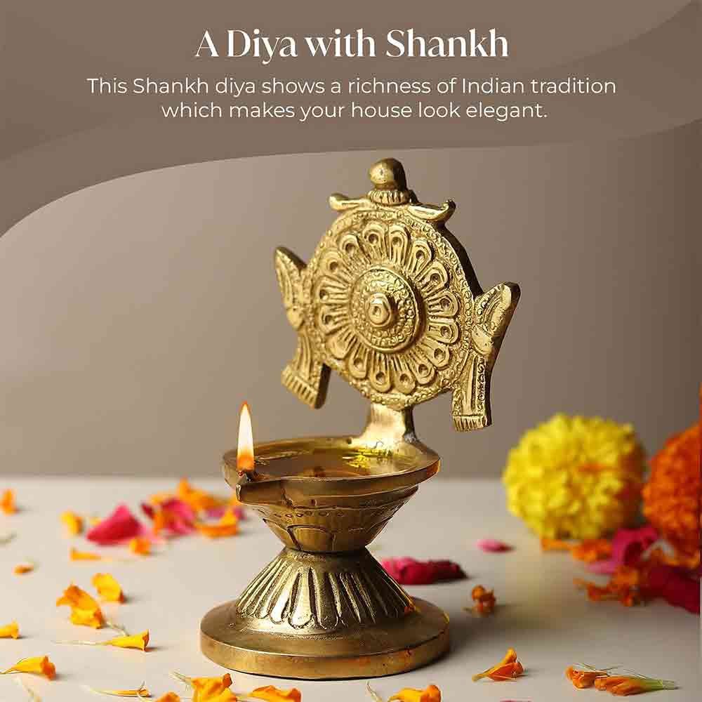 Brass Vishnu Chakra Diya for Puja & Home Décor – Traditional Oil Lamp for Diwali, Festive Decoration, Office & Temple Use | 4.3-Inch Height | Golden Finish | Handcrafted Gift Item
