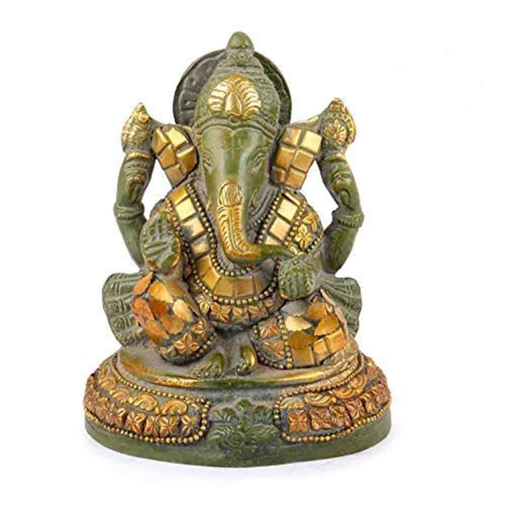Limited Edition Designer Green Colour Lord Ganesha Ganpati Brass Statue for Home Décor Living Room Office Religious Temple 5.5 INCHES