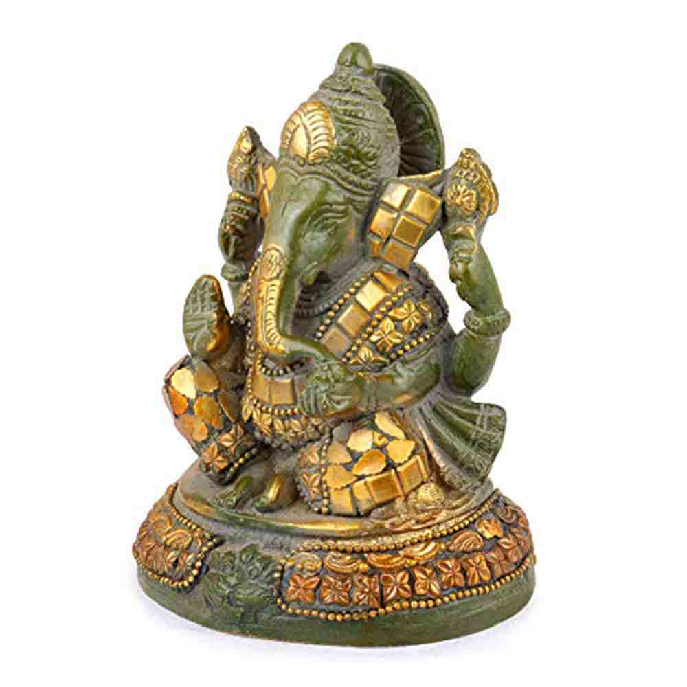Limited Edition Designer Green Colour Lord Ganesha Ganpati Brass Statue for Home Décor Living Room Office Religious Temple 5.5 INCHES