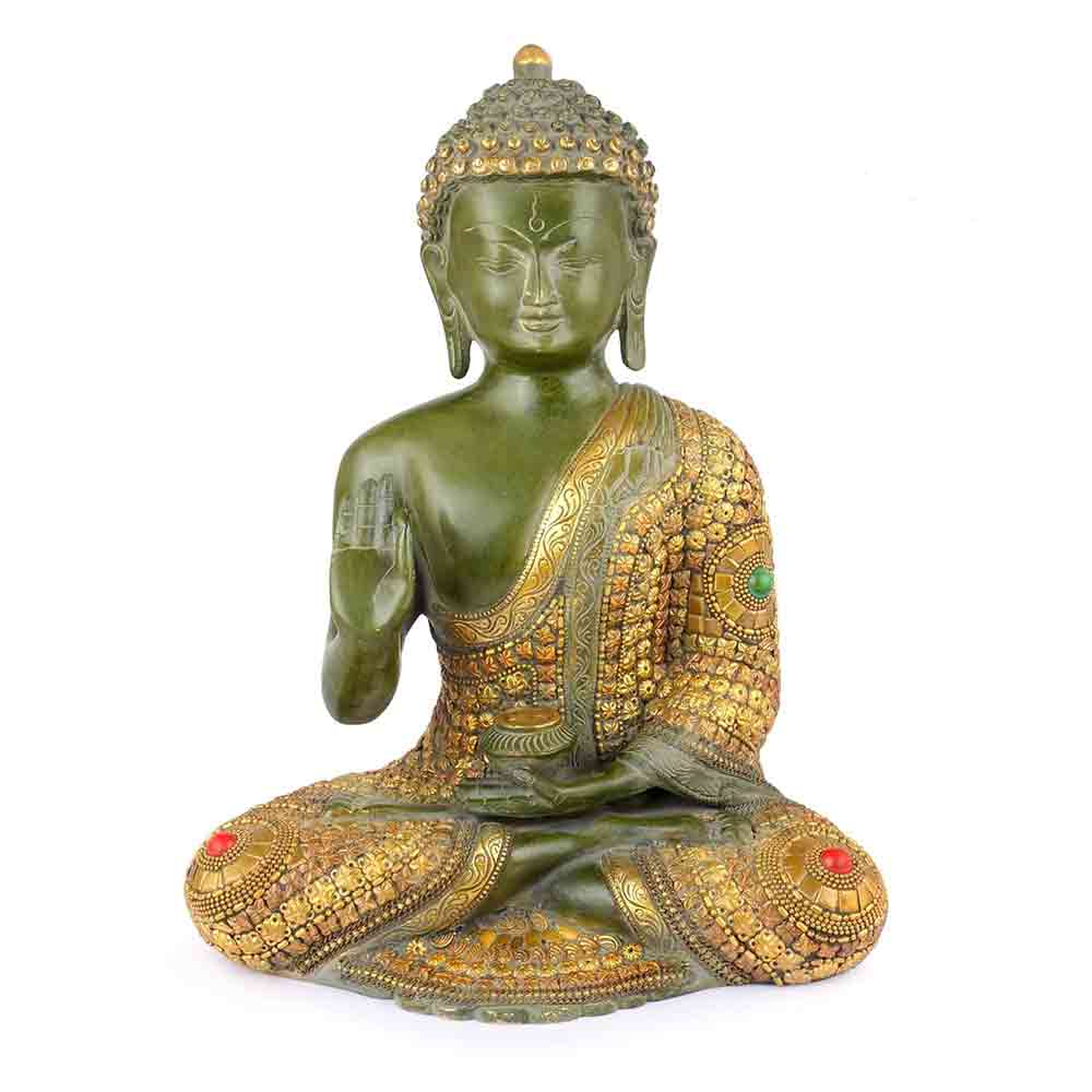 Click to see full view      Designer Brass Lord Buddha Idol Statue – Antique Green & Golden Finish Sitting Buddha Showpiece – Handcrafted Brass Figurine for Home, Temple, Office & Hotel Décor – 13.5 Inches
