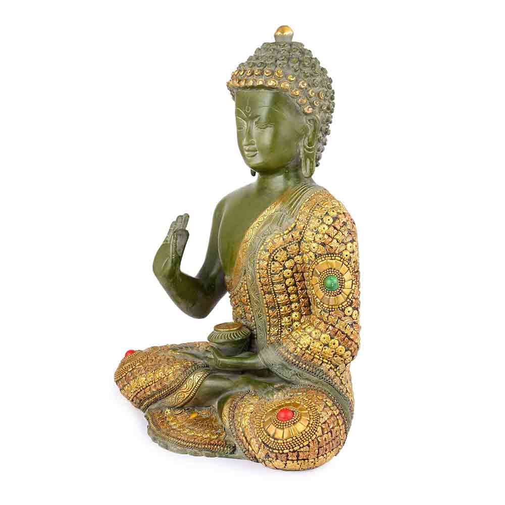 Click to see full view      Designer Brass Lord Buddha Idol Statue – Antique Green & Golden Finish Sitting Buddha Showpiece – Handcrafted Brass Figurine for Home, Temple, Office & Hotel Décor – 13.5 Inches