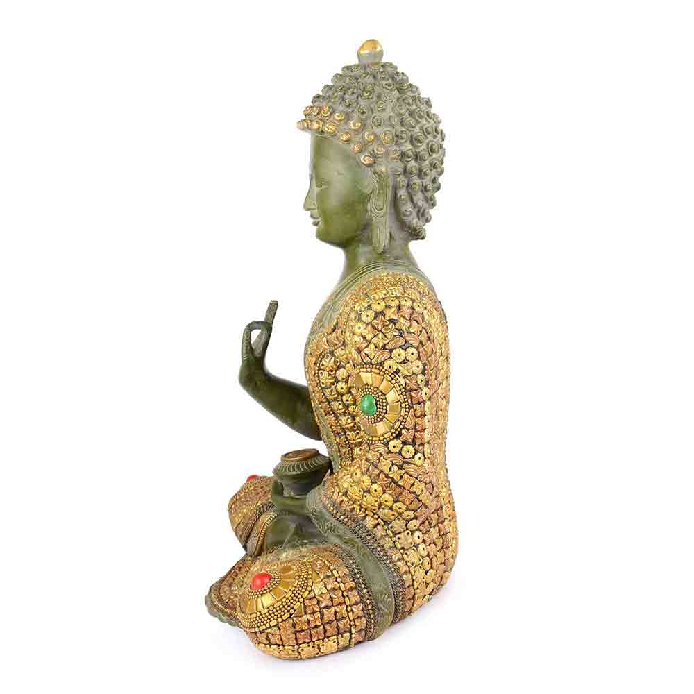 Click to see full view      Designer Brass Lord Buddha Idol Statue – Antique Green & Golden Finish Sitting Buddha Showpiece – Handcrafted Brass Figurine for Home, Temple, Office & Hotel Décor – 13.5 Inches