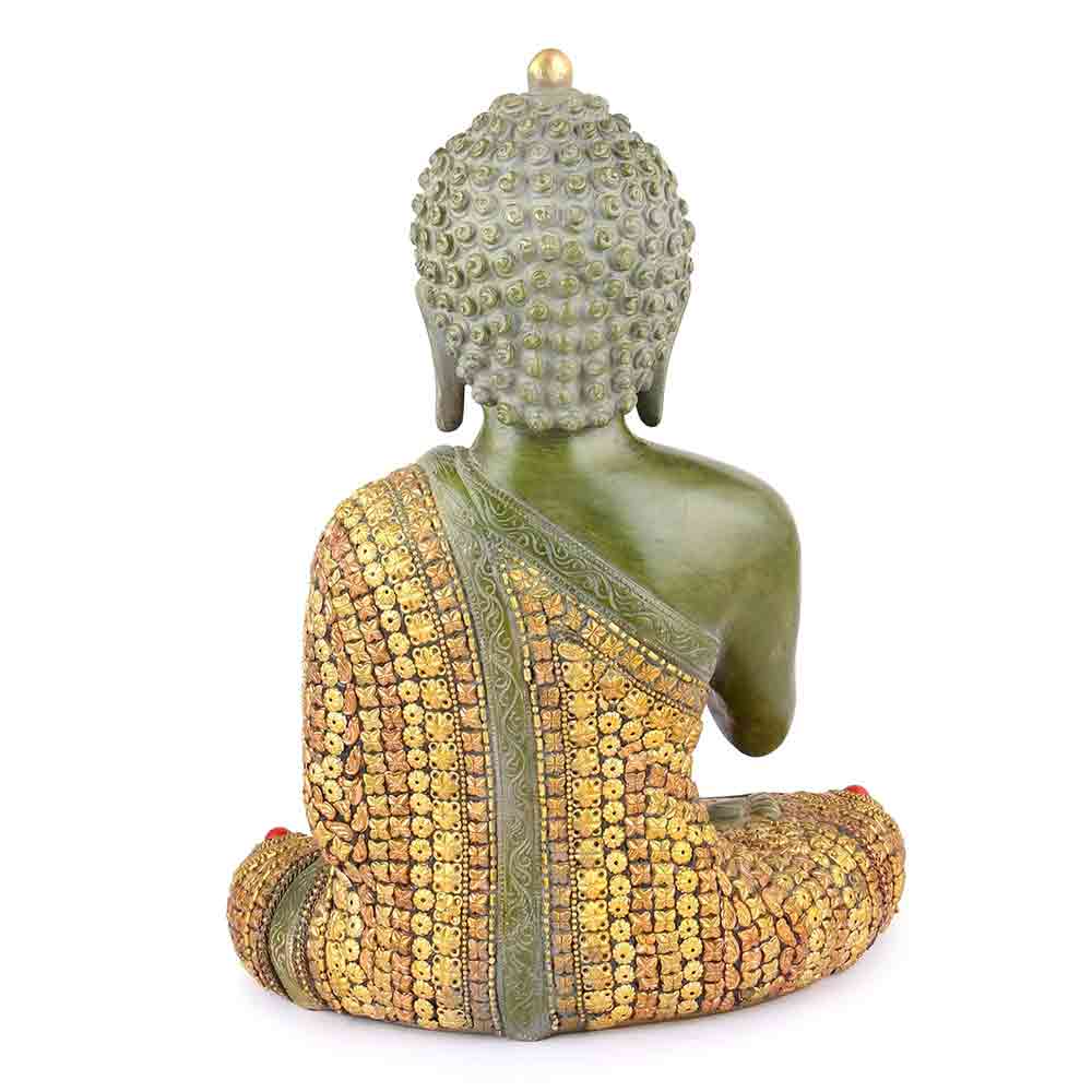Click to see full view      Designer Brass Lord Buddha Idol Statue – Antique Green & Golden Finish Sitting Buddha Showpiece – Handcrafted Brass Figurine for Home, Temple, Office & Hotel Décor – 13.5 Inches