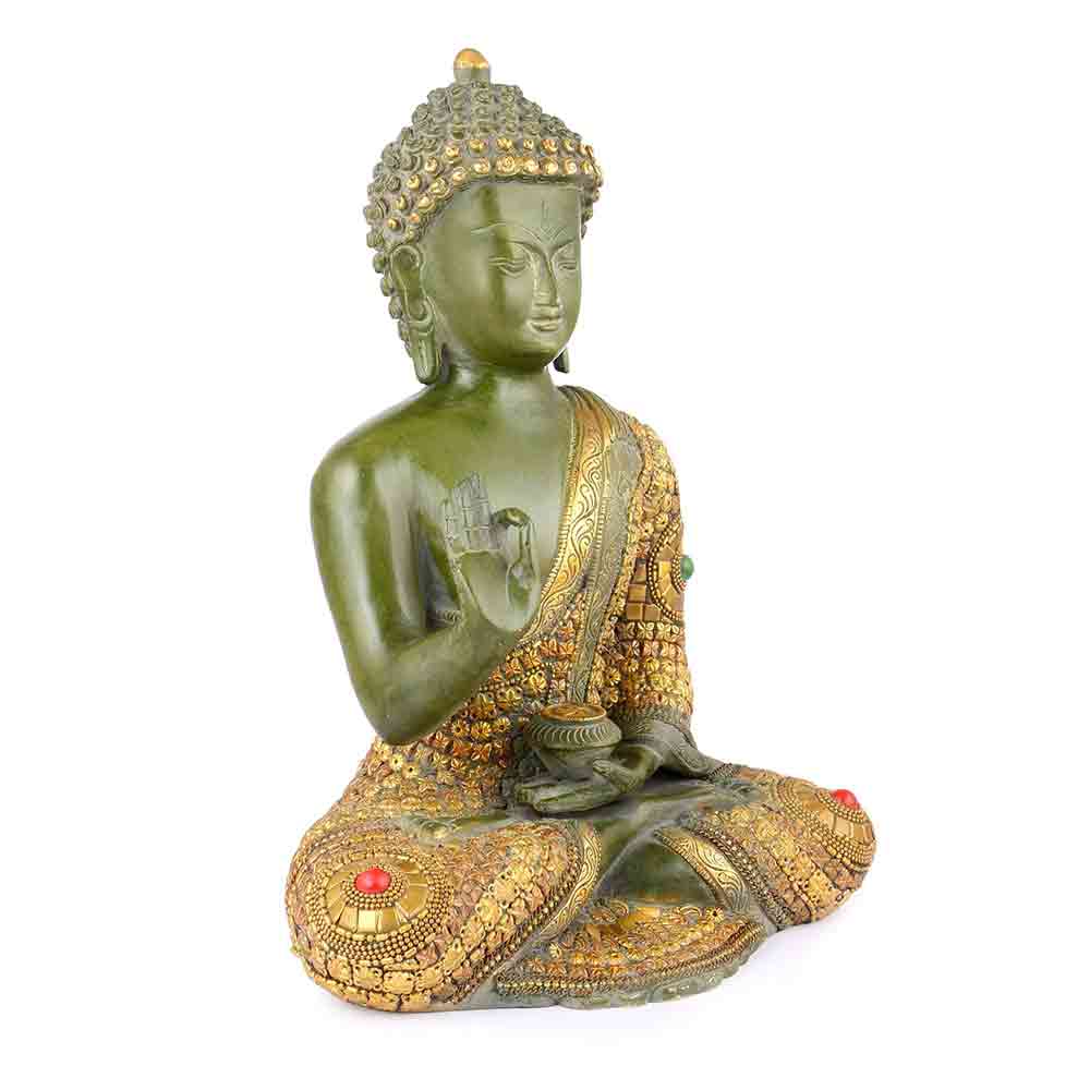 Click to see full view      Designer Brass Lord Buddha Idol Statue – Antique Green & Golden Finish Sitting Buddha Showpiece – Handcrafted Brass Figurine for Home, Temple, Office & Hotel Décor – 13.5 Inches