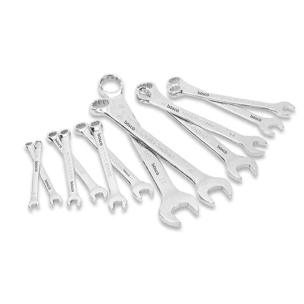 12-Piece Combination Spanner Set | Carbon Steel Wrenches | Open & Ring End Design | Chrome-Plated Rust-Resistant Tools for Home Maintenance & DIY Repair Use (Silver)