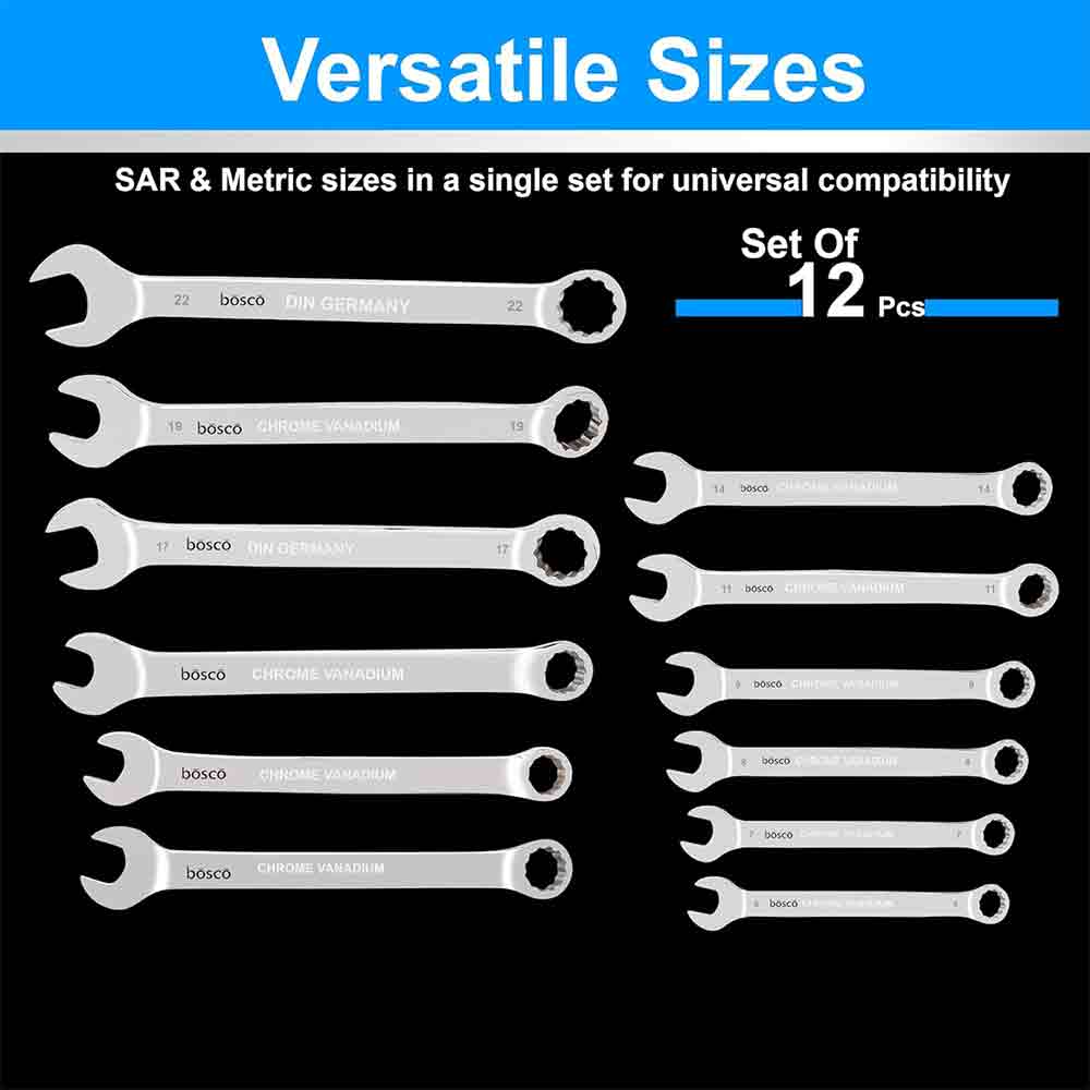 12-Piece Combination Spanner Set | Carbon Steel Wrenches | Open & Ring End Design | Chrome-Plated Rust-Resistant Tools for Home Maintenance & DIY Repair Use (Silver)