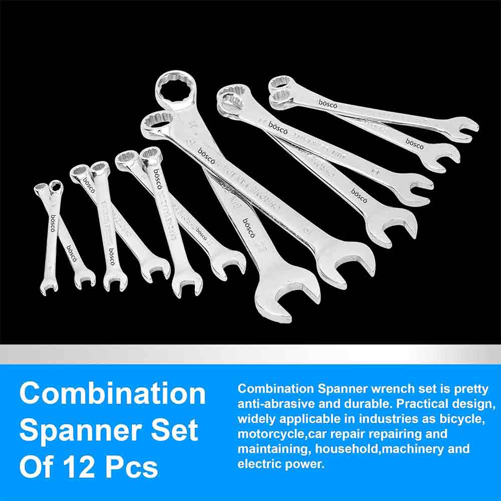 12-Piece Combination Spanner Set | Carbon Steel Wrenches | Open & Ring End Design | Chrome-Plated Rust-Resistant Tools for Home Maintenance & DIY Repair Use (Silver)